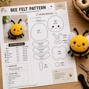 May include: A bee felt pattern sewing guide featuring a printed template with instructions, a finished yellow and black felt bee plush, stacks of colored felt sheets, scissors, and informational tags for instant download and beginner friendly use.