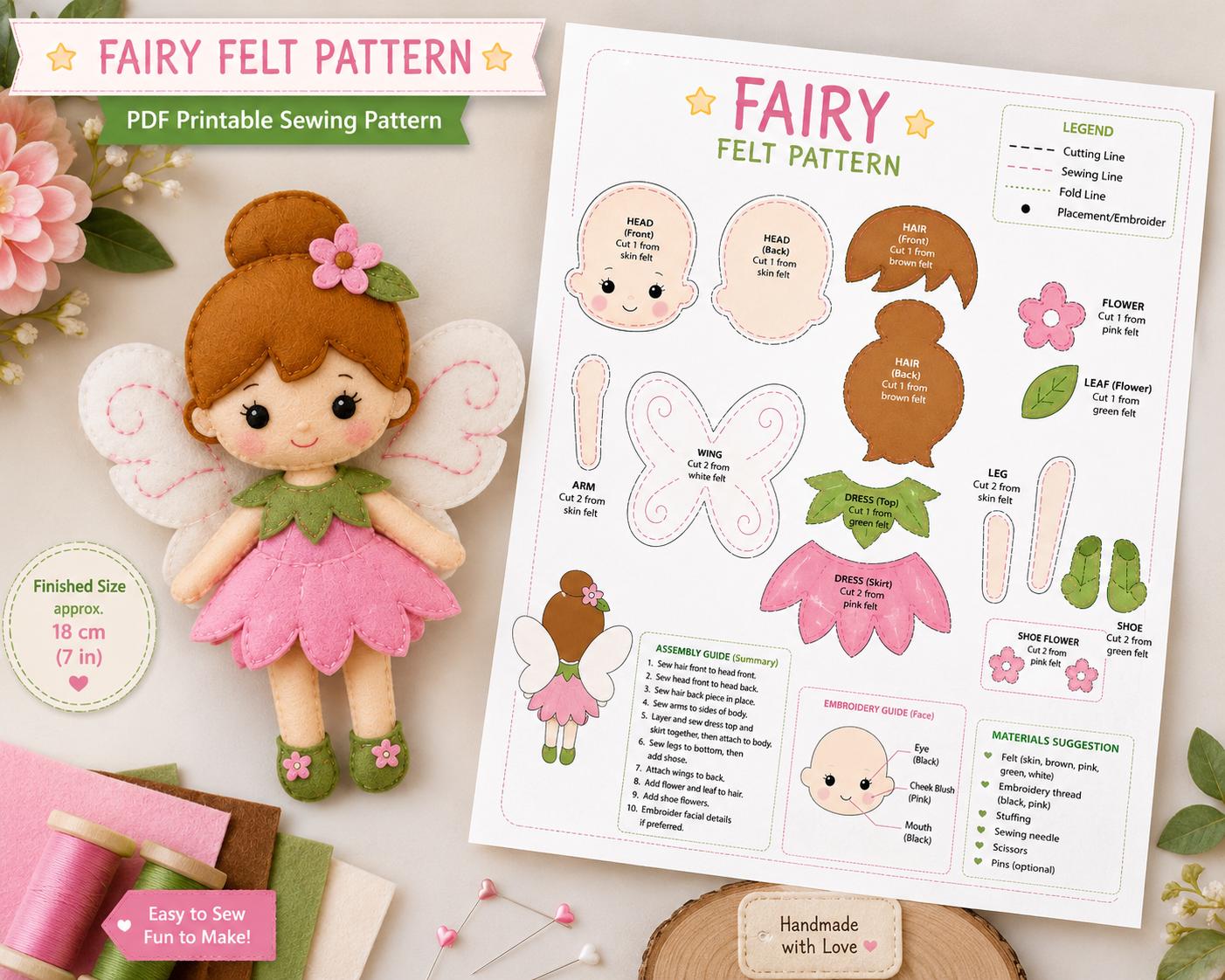 Fairy Felt Pattern PDF with Sewing Templates Cute Plush Fairy Ornament DIY