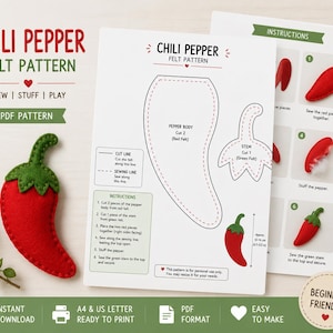 Pode incluir: Um molde de costura em PDF para uma pimenta chili de feltro, com corpo vermelho e caule verde. O documento inclui um modelo de corte, instruções passo a passo com imagens numeradas e uma indicação de tamanho final de 12-14 cm.