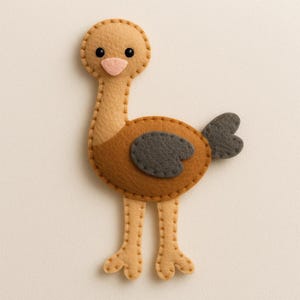 May include: A handmade felt ostrich toy in shades of tan, brown, and gray. The ostrich has a long neck, a round body, and small legs. The details include a pink beak, black eyes, and a gray wing. The toy is stitched together with tan thread.