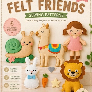 Pode incluir: Capa do livro "DIY Felt Felt Friends Sewing Patterns" com projetos de animais em feltro. A imagem inclui um caracol, uma lhama, uma menina, um coelho, um leão, uma cenoura, uma estrela e um coração. O texto diz "Para iniciantes" e "Download instantâneo".