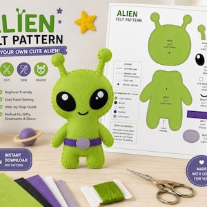 Pode incluir: Um boneco alienígena de feltro verde com olhos pretos e um cinto roxo, exibido ao lado de uma folha de instruções intitulada Alien Felt Pattern. A folha inclui diagramas para cortar e costurar o alienígena, junto com peças de feltro.