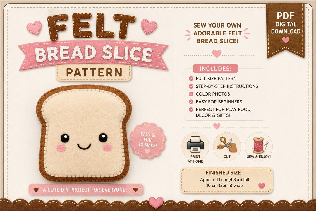Felt Bread Slice Pattern PDF | Cute Kawaii Felt Food Sewing Pattern ...