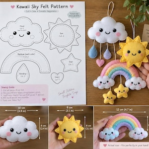 May include: A Kawaii Sky felt pattern sheet with instructions and cutouts for a cloud, sun, rainbow, star, and heart. Includes finished felt ornaments of a white cloud, yellow sun, and rainbow with hanging stars, measuring 3.9 by 2.4 inches.