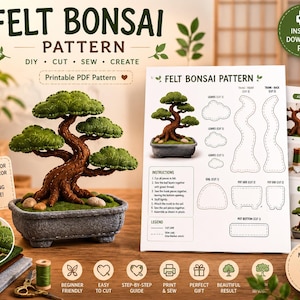 Pode incluir: Um molde de bonsai em feltro para um projeto de artesanato. A imagem exibe um bonsai de feltro verde e castanho finalizado num vaso cinzento, juntamente com uma folha de instruções impressa com diagramas para cortar e coser as peças.