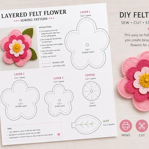 Layered Felt Flower Sewing Pattern Template – Printable DIY Felt Craft with Cutting and Stitching Lines