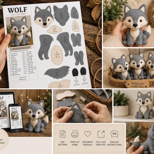 Wolf Felt Pattern PDF | Woodland Wolf Sewing Pattern | Printable Felt Animal Template | DIY Plush Wolf Toy | Hand Sewing Craft