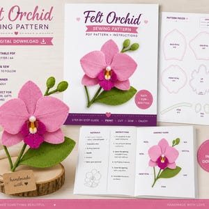 May include: A felt orchid sewing pattern with instructions and pattern pieces. The pattern includes a PDF digital download, is beginner-friendly, and perfect for decor and gifts. The orchid is pink with a green stem and leaves.