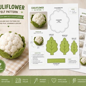 Könnte beinhalten: Ein digitales PDF-Schnittmuster für einen Blumenkohl aus Filz, mit Vorlagen für den weißen Kopf und grüne Blätter sowie Anleitungen. Das Dokument zeigt Schnittlinien, Nähte und eine fertige Größe von 12 cm neben einem Foto des Spielzeugs.
