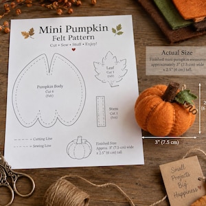 Könnte beinhalten: Ein gedrucktes Mini Pumpkin Filzmuster-Blatt mit Anleitung, ein fertiger orangefarbener Filzkürbis mit 7,5 cm Breite und 6 cm Höhe, eine Metallschere, eine Garnrolle und ein Etikett mit der Aufschrift Small Projects Big Happiness.