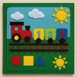 Pode incluir: Um quadro de atividades de feltro colorido com um comboio vermelho com os números 1, 2 e 3 nos vagões. A cena inclui um céu azul com nuvens brancas e sóis amarelos, uma linha de comboio castanha e formas coloridas.