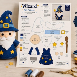 Peut inclure: Une fiche de patron de couture en feutrine pour sorcier DIY, présentant une poupée sorcier finie en bleu foncé avec un chapeau et une robe à motifs d'étoiles, tenant un bâton surmonté d'une étoile jaune. Le document inclut des schémas et patrons.