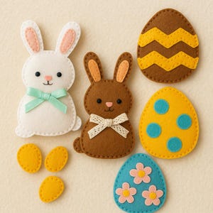 May include: A collection of felt Easter decorations, including two bunny figures, three yellow egg shapes, and three decorated egg shapes. The bunnies are white and brown, with pink and orange accents. The eggs are yellow, brown, and blue.