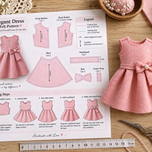 Elegant Dress Felt Pattern PDF – Printable Sewing Template for Felt Dolls and Handmade Crafts