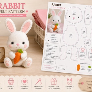 Può includere: Un peluche a forma di coniglio in feltro bianco che tiene una carota arancione, accompagnato da un foglio di istruzioni stampato intitolato Rabbit Felt Pattern. Il foglio mostra i modelli di cucito per testa, corpo, orecchie, braccia e gambe.