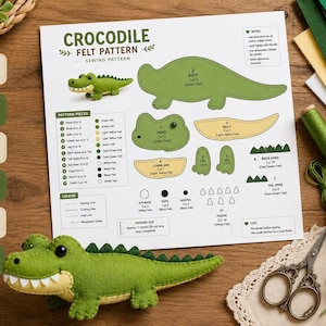 Può includere: Un foglio di cartamodello intitolato Crocodile Felt Pattern con diagrammi per tagliare pezzi di feltro verde, giallo, bianco e nero per creare un coccodrillo di peluche, accompagnato da un coccodrillo in feltro verde finito.