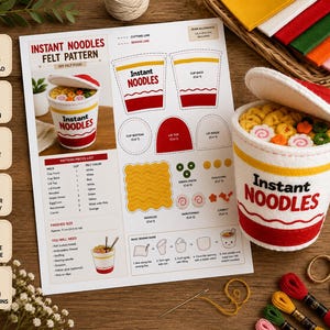 Instant Noodles Felt Pattern PDF | Felt Food Sewing Pattern | Printable Ramen Cup Plush Template | DIY Felt Kitchen Toy | Play Food Pattern