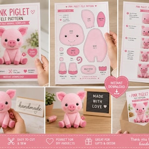 Pink Piglet Felt Pattern PDF | Farm Pig Plush Sewing Pattern | DIY Felt Animal Template | Printable Soft Toy Pattern | Beginner Hand Sewing