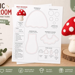 Puede incluir: Un patrón de costura en fieltro para un hongo mágico en formato PDF imprimible. El documento muestra un sombrero rojo con puntos blancos, un tallo color crema, líneas de corte, líneas de costura y diagramas de ensamblaje detallados.