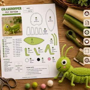 Puede incluir: Un patrón de fieltro para saltamontes que incluye instrucciones de montaje, lista de materiales y piezas numeradas para un saltamontes de fieltro verde. El documento incluye una foto del proyecto terminado con una longitud de 12 cm.