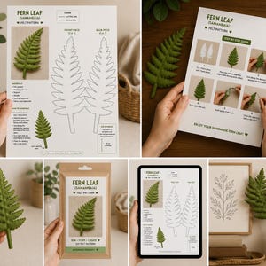 Pode incluir: Um kit de molde de feltro para folha de samambaia com instruções impressas, um guia passo a passo e um modelo físico. O conjunto inclui uma folha de molde em papel, um ecrã de tablet digital e uma folha de samambaia de feltro verde acabada.