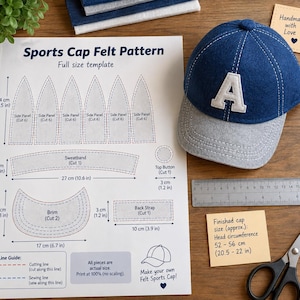 May include: A blue felt sports cap with a grey brim and a white letter A on the front, displayed next to a printed paper pattern titled Sports Cap Felt Pattern with measurements in inches and centimeters, a metal ruler, and scissors.