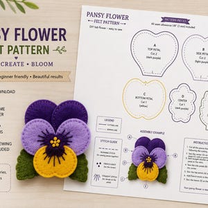 Può includere: Un modello in feltro per un fiore di viola del pensiero, con istruzioni e pezzi del modello. Il design include pezzi di feltro viola, gialli e verdi. Il testo sul modello recita "Pansy Flower Felt Pattern" e "Sew, Create, Bloom."