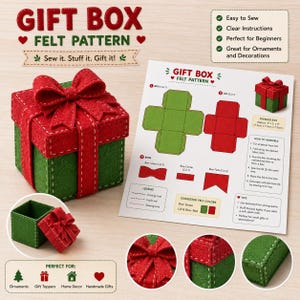 Puede incluir: Un kit de patrón de caja de regalo de fieltro que incluye una caja verde con tapa y lazo rojos, costuras blancas y una hoja de instrucciones con diagramas y pasos. La caja terminada mide aproximadamente 7,5 cm x 7,5 cm x 7,5 cm.
