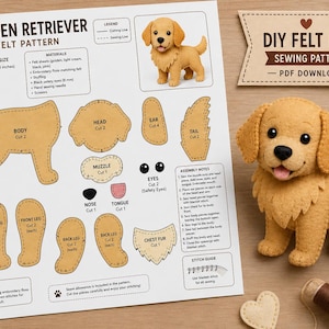 Peut inclure: Un patron de couture en feutrine pour Golden Retriever présentant des formes découpées étiquetées pour le corps, la tête, les oreilles, la queue, les pattes et le museau, avec une figurine en feutrine, des ciseaux et du fil sur bois.