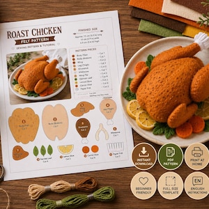 Puede incluir: Un documento de patrón de costura titulado Roast Chicken Felt Pattern con diagramas de piezas, junto a un pollo asado de fieltro terminado en un plato, con volantes de papel blanco, rodajas de limón y rodajas de zanahoria.