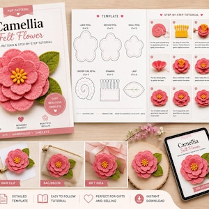 Pode incluir: Um tutorial para fazer uma flor de camélia de feltro. As instruções estão em um livreto e em um tablet. A flor é rosa com um centro amarelo e folhas verdes. O texto "Camellia Felt Flower" é visível.