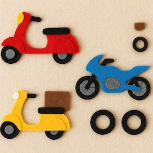 May include: A selection of felt vehicle cutouts in red, blue, and yellow. The image features a scooter, a motorcycle, and a delivery scooter with a brown box. There are also black wheels and a brown component. The vehicles have black and grey details.