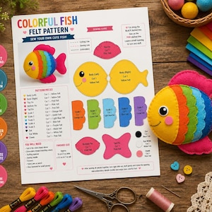 Modello PDF per realizzare un pesce colorato in feltro | Cartamodello stampabile per cucire un pesce | Modello fai da te per peluche in feltro | Artigianato a tema animali marini | Cucito a mano per principianti