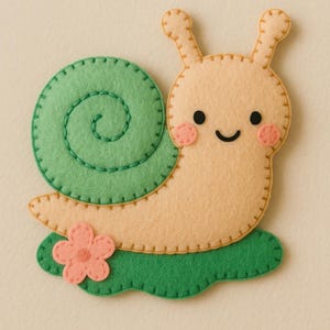 Könnte beinhalten: Eine handgefertigte Schnecke aus Filz mit grünem Gehäuse und Sockel, einem pfirsichfarbenen Körper und einer rosa Blume. Die Schnecke hat ein lächelndes Gesicht mit schwarzen Augen und rosa Wangen. Ein skurriles, dekoratives Objekt.