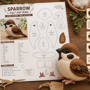 Peut inclure: Une fiche de patron de couture en feutrine représentant un moineau avec des gabarits numérotés, une liste de matériel et un modèle fini. Le document contient des textes comme Sparrow Felt Pattern et Beginner Friendly, avec une taille de 10 cm.