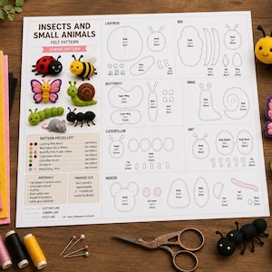 Könnte beinhalten: Ein Schnittmusterbogen mit dem Titel Insects and Small Animals mit Diagrammen für Marienkäfer, Biene, Schmetterling, Schnecke, Raupe, Ameise und Maus. Enthält Filzbögen, Garnrollen, Stecknadeln, eine Schere und fertige Filzfiguren.