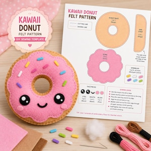 以下が含まれることがあります： 笑顔の顔が描かれたピンク色のアイシングドーナツの完成品、Kawaii Donut Felt Patternと書かれた説明書、フェルト生地、色とりどりの刺繍糸、針、詰め物が入ったフェルト手芸キット。