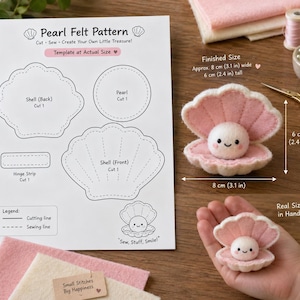 May include: A Pearl Felt Pattern instruction sheet with templates for a shell and pearl, alongside a finished felt shell with a pearl inside. The finished item measures 3.1 inches wide and 2.4 inches tall, featuring a smiling face on the pearl.