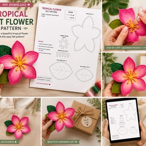 May include: A digital PDF pattern for a tropical felt flower, featuring a printed instruction sheet with diagrams, a finished pink felt flower with green leaves and a yellow centre, and examples of the flower applied to a tote bag and gift.
