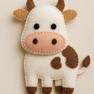 Könnte beinhalten: Eine handgefertigte Kuh aus Filz mit weißem Körper, braunen Flecken und braunen Hufen. Sie hat eine rosa Nase, schwarze Augen und braune Ohren. Die Ränder sind mit einem Kontrastfaden genäht, was ihr ein charmantes, handwerkliches Aussehen verleiht.