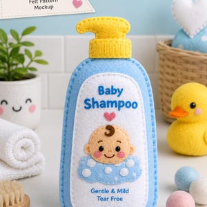 Puede incluir: Una botella de champú para bebé hecha de fieltro artesanal con cuerpo azul claro, dispensador de bomba amarillo y etiqueta blanca. La etiqueta muestra el texto Baby Shampoo, Gentle & Mild, Tear Free, 200 ml, un corazón rosa y un icono de bebé.