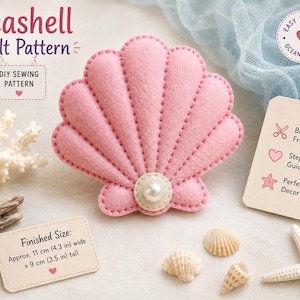 May include: A pink felt seashell craft project featuring a central white pearl accent. The image includes text labels: Seashell Felt Pattern, DIY Sewing Pattern, Finished Size: Approx. 11 cm (4.3 in) wide x 9 cm (3.5 in) tall, and Beginner Friendly.