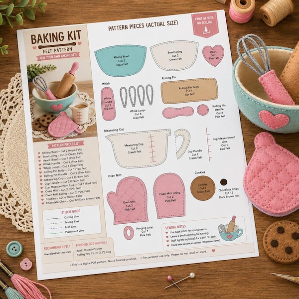 Baking Kit Felt Pattern PDF | Cute Baking Toys Sewing Pattern | Printable Felt Kitchen Set Template | DIY Plush Baking Accessories