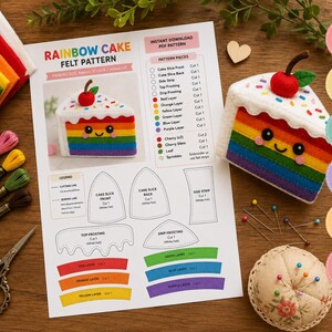 May include: A rainbow cake felt pattern document with instructions, a finished felt cake slice with a cherry on top, colorful felt sheets, embroidery floss, scissors, and a pin cushion. The document includes text labels and diagrams for crafting.