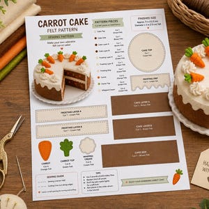 Könnte beinhalten: Ein Schnittmuster für einen Karottenkuchen aus Filz mit Anleitungen, Diagrammen und Schnittteilen. Das Dokument enthält Textbeschriftungen, eine fertige Größe von 12,7 cm Breite und 7,6 cm Höhe sowie ein Foto des fertigen Filzkuchens.