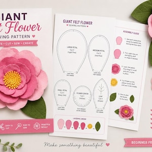 May include: A sewing pattern for a giant felt flower, featuring a pink and yellow flower illustration, printed templates for petals and leaves, and a numbered assembly guide. The document includes text stating a finished size of 60 cm or 24 inches.