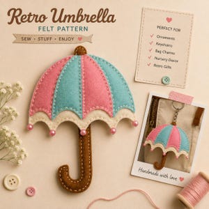 Pode incluir: Um molde de feltro para um guarda-chuva retrô com painéis rosa e azul-petróleo, bordas festonadas creme, cabo marrom e pequenas contas rosa. Inclui texto: Retro Umbrella FELT PATTERN SEW STUFF ENJOY e uma lista de utilizações.