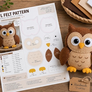 Peut inclure: Un patron de couture et tutoriel pour un hibou en feutrine, comprenant une fiche d'instructions imprimée avec des schémas, une peluche hibou finie en feutrine marron et beige, du fil à broder, des ciseaux et une aiguille.