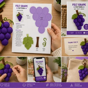 Pode incluir: Um kit de molde de uvas de feltro com uma folha de instruções impressa contendo moldes de corte para uvas roxas, uma folha verde, um caule castanho e uma gavinhas. O conjunto inclui um cacho de feltro acabado e um ficheiro PDF.