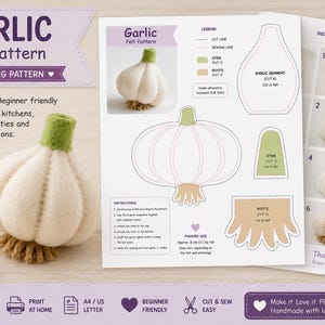 Pode incluir: Um molde de costura em PDF digital para um bulbo de alho de feltro, apresentando um bulbo branco com caule verde e raízes bege. O documento inclui uma legenda, moldes de corte, instruções fotográficas passo a passo e 8 cm de tamanho.